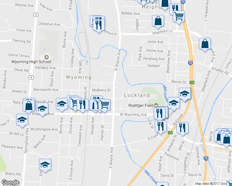 map of restaurants, bars, coffee shops, grocery stores, and more near 240 North Wayne Avenue in Cincinnati