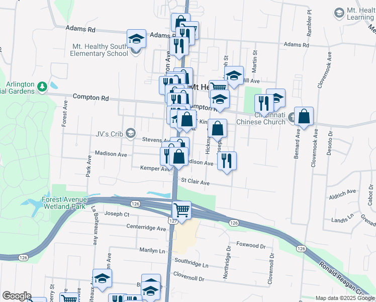map of restaurants, bars, coffee shops, grocery stores, and more near 7355 Perry Street in Cincinnati