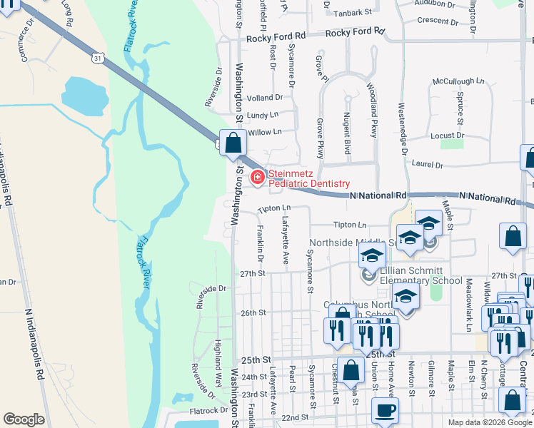 map of restaurants, bars, coffee shops, grocery stores, and more near 2975 Franklin Drive in Columbus
