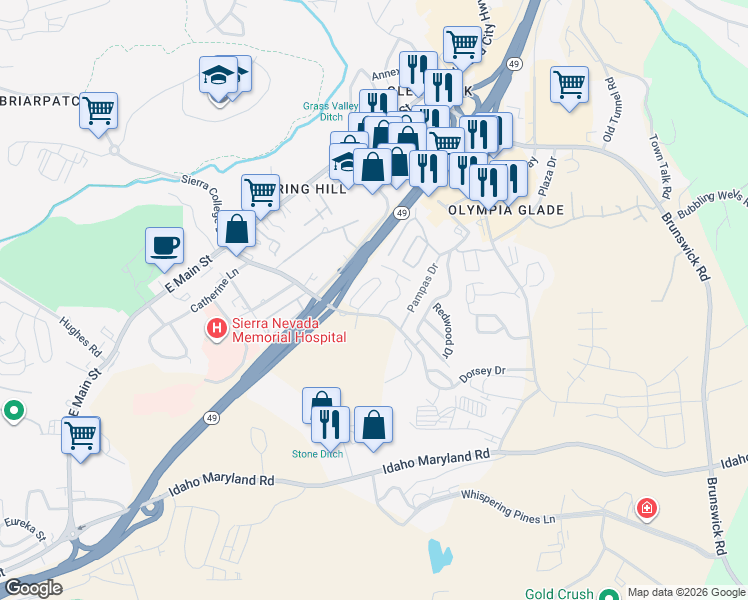 map of restaurants, bars, coffee shops, grocery stores, and more near 200 Dorsey Drive in Grass Valley