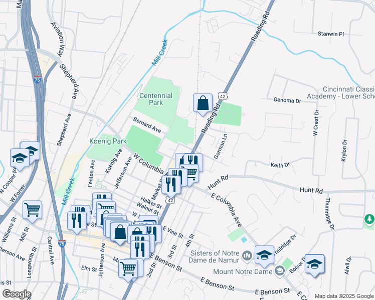 map of restaurants, bars, coffee shops, grocery stores, and more near 11 West North Street in Cincinnati