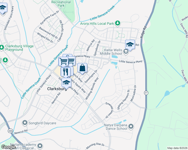 map of restaurants, bars, coffee shops, grocery stores, and more near 22592 Winding Woods Way in Clarksburg