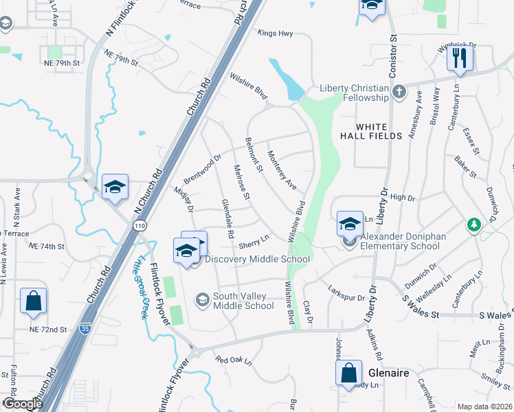 map of restaurants, bars, coffee shops, grocery stores, and more near 505 Melrose Street in Liberty