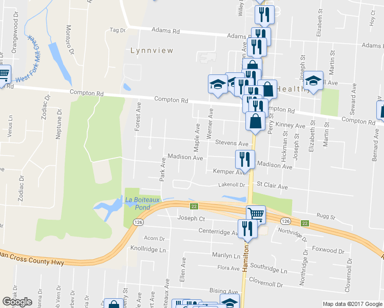 map of restaurants, bars, coffee shops, grocery stores, and more near 7349 Maple Avenue in Cincinnati