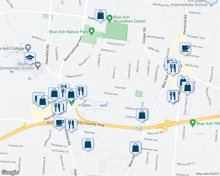 map of restaurants, bars, coffee shops, grocery stores, and more near 4449 Hunt Road in Cincinnati