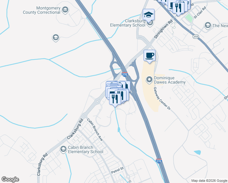 map of restaurants, bars, coffee shops, grocery stores, and more near 13610 Little Seneca Parkway in Clarksburg