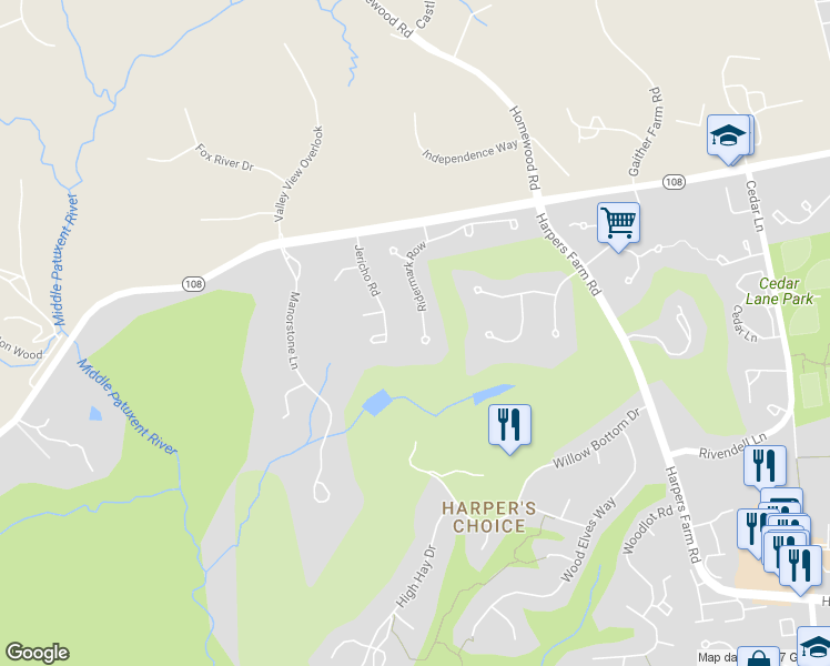 map of restaurants, bars, coffee shops, grocery stores, and more near 11313 Ridermark Row in Columbia