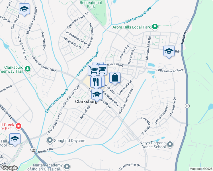 map of restaurants, bars, coffee shops, grocery stores, and more near 22759 New Cut Road in Germantown