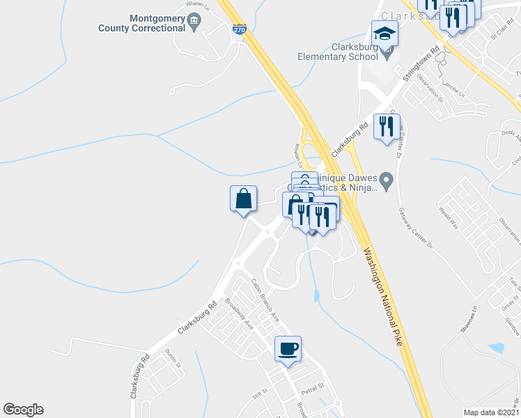 map of restaurants, bars, coffee shops, grocery stores, and more near 22701 Gosnell Farm Drive in Clarksburg