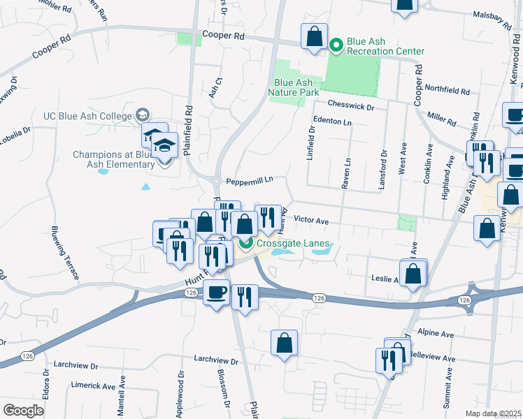 map of restaurants, bars, coffee shops, grocery stores, and more near 4328 Villa Drive in Blue Ash