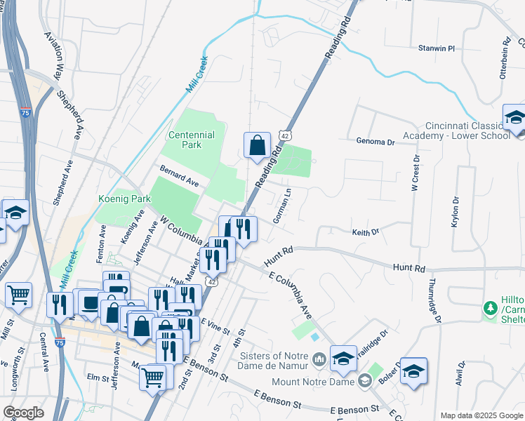 map of restaurants, bars, coffee shops, grocery stores, and more near 9334 Reading Road in Cincinnati