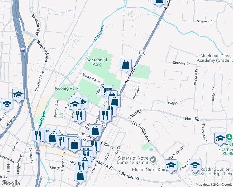 map of restaurants, bars, coffee shops, grocery stores, and more near 11 West North Street in Cincinnati