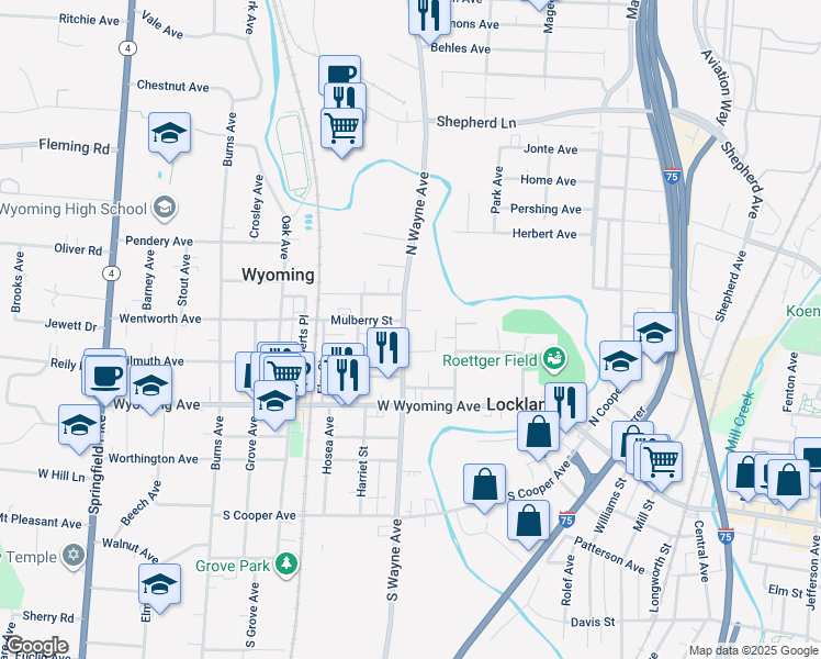 map of restaurants, bars, coffee shops, grocery stores, and more near 240 North Wayne Avenue in Cincinnati