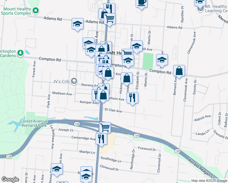 map of restaurants, bars, coffee shops, grocery stores, and more near 7355 Perry Street in Cincinnati