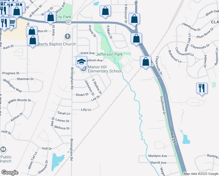 map of restaurants, bars, coffee shops, grocery stores, and more near 191 Lee Drive in Liberty