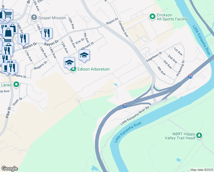 map of restaurants, bars, coffee shops, grocery stores, and more near 1004 Pinehurst Ave in Parkersburg