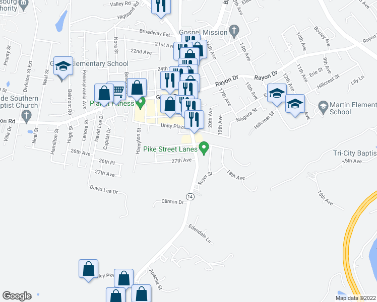 map of restaurants, bars, coffee shops, grocery stores, and more near 2604 Pike Street in Parkersburg