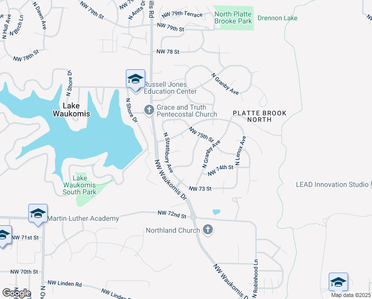 map of restaurants, bars, coffee shops, grocery stores, and more near 7418 North Amoret Avenue in Kansas City