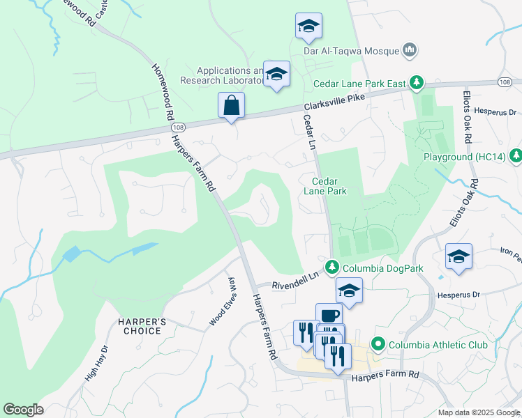 map of restaurants, bars, coffee shops, grocery stores, and more near 5151 Harpers Farm Road in Columbia