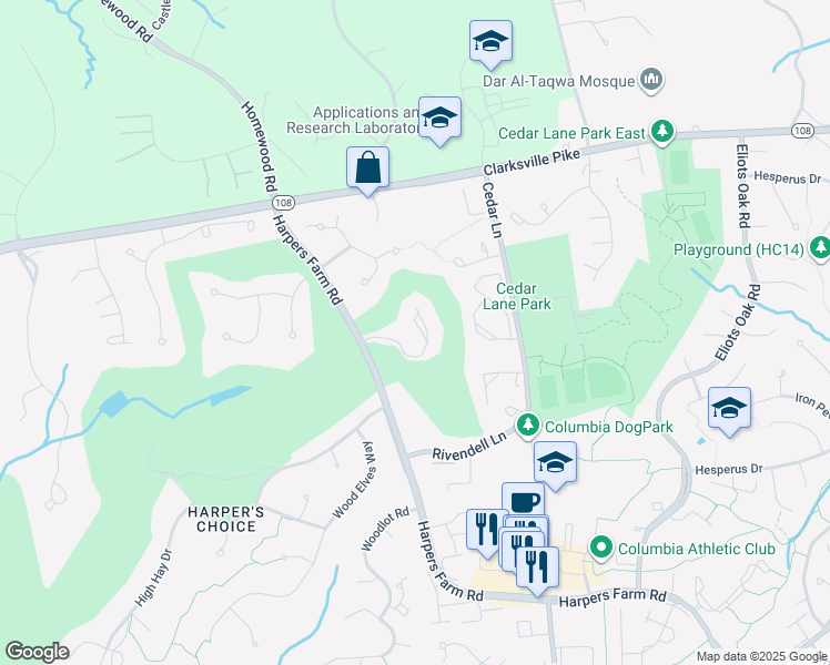 map of restaurants, bars, coffee shops, grocery stores, and more near 5173 Harpers Farm Road in Columbia