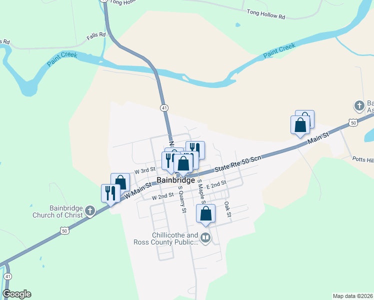 map of restaurants, bars, coffee shops, grocery stores, and more near 105 4th Street in Bainbridge