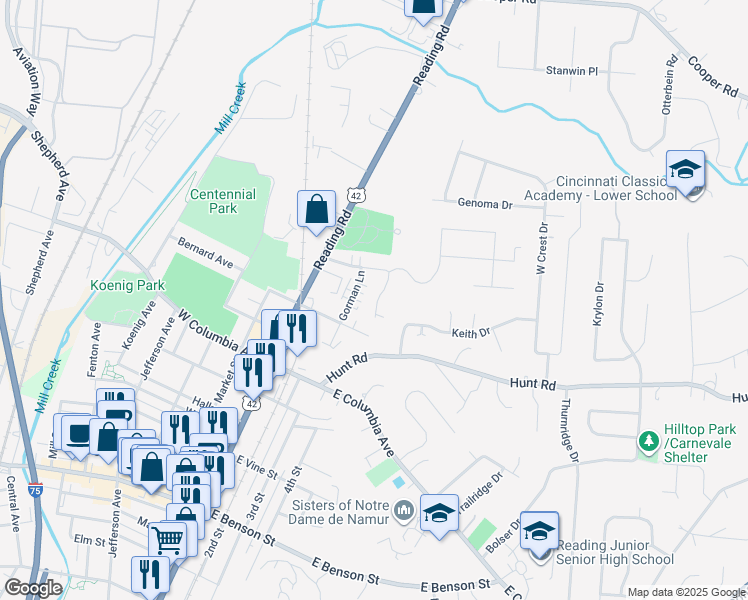 map of restaurants, bars, coffee shops, grocery stores, and more near 62 Gahl Terrace in Cincinnati