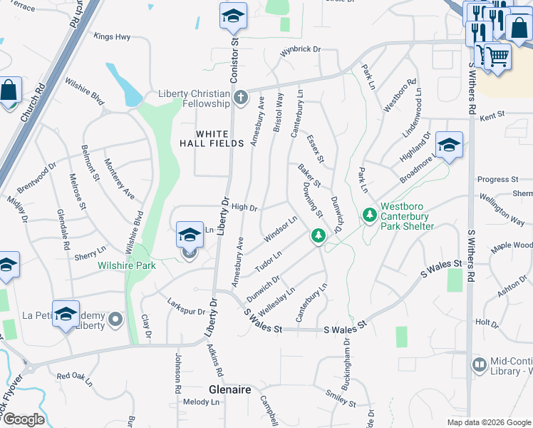 map of restaurants, bars, coffee shops, grocery stores, and more near 1219 Bristol Way in Liberty