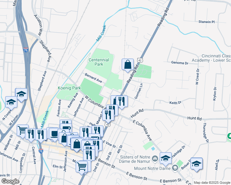 map of restaurants, bars, coffee shops, grocery stores, and more near 11 West North Street in Cincinnati
