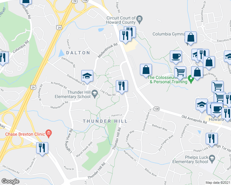 map of restaurants, bars, coffee shops, grocery stores, and more near 9214 Log Chain Road in Columbia