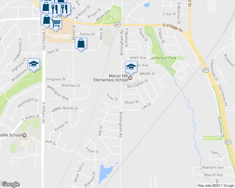 map of restaurants, bars, coffee shops, grocery stores, and more near 1609 Ray Street in Liberty
