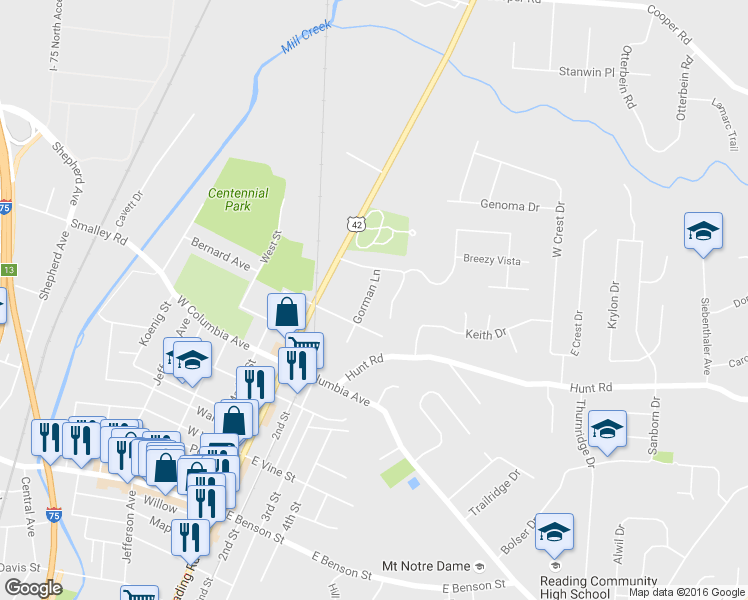 map of restaurants, bars, coffee shops, grocery stores, and more near 1705 Gorman Lane in Reading