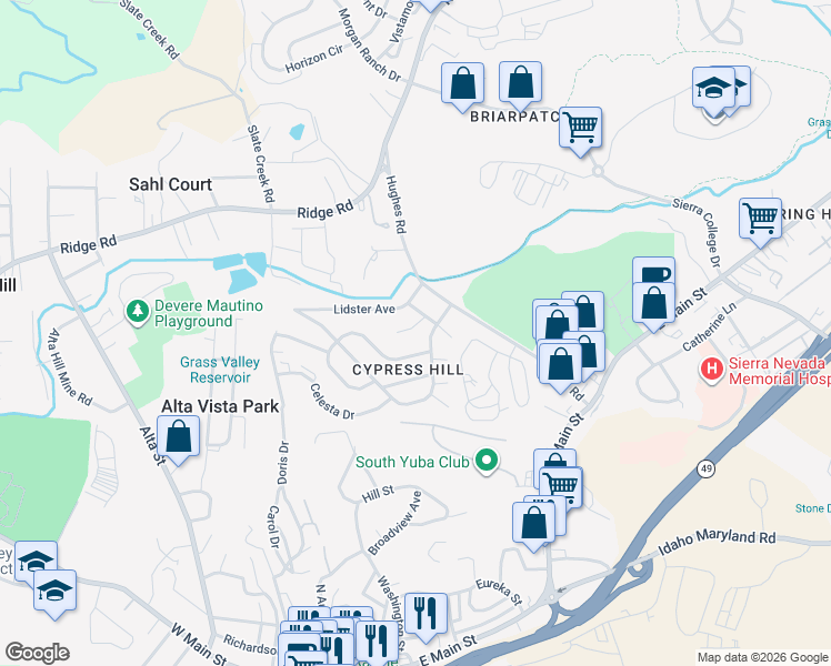 map of restaurants, bars, coffee shops, grocery stores, and more near 117 Huntington Court in Grass Valley