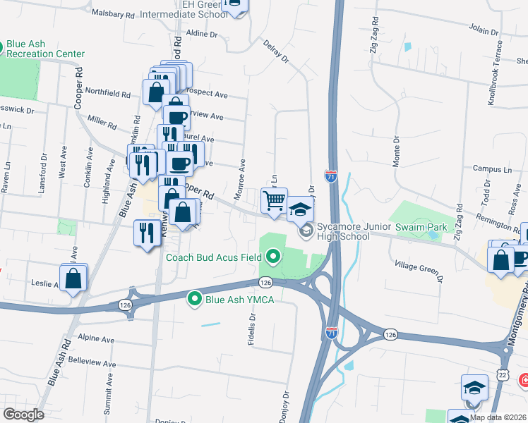 map of restaurants, bars, coffee shops, grocery stores, and more near in Blue Ash