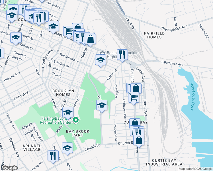 map of restaurants, bars, coffee shops, grocery stores, and more near 1302 Tompkins Street in Baltimore