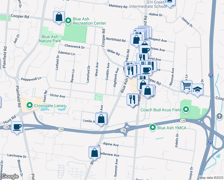 map of restaurants, bars, coffee shops, grocery stores, and more near 9471 Highland Avenue in Cincinnati