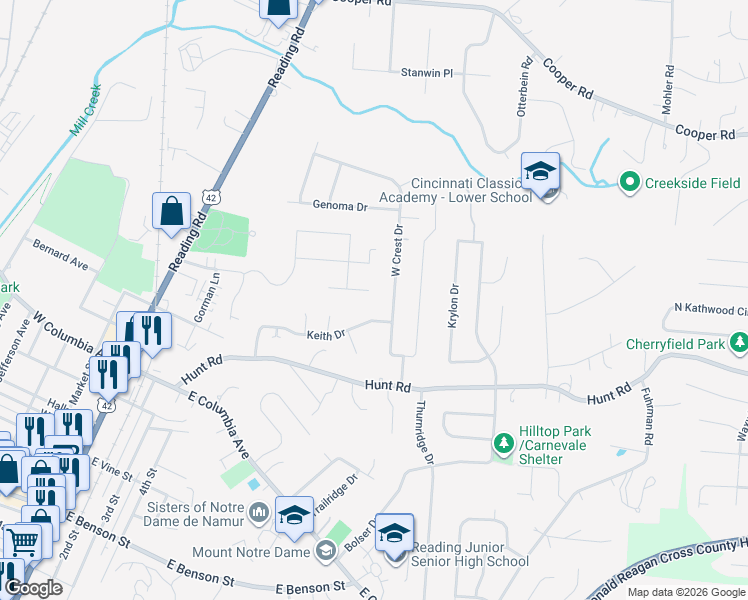 map of restaurants, bars, coffee shops, grocery stores, and more near 313 Rainbow Ridge in Cincinnati