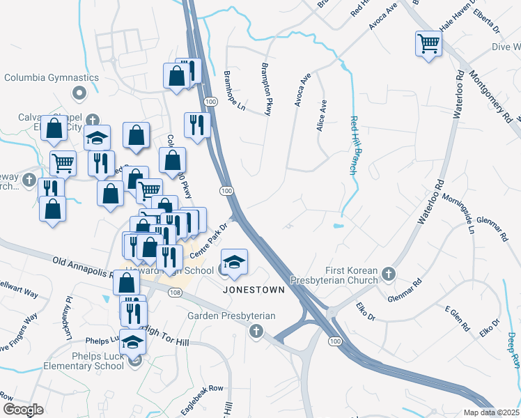 map of restaurants, bars, coffee shops, grocery stores, and more near 5125 Avoca Avenue in Ellicott City