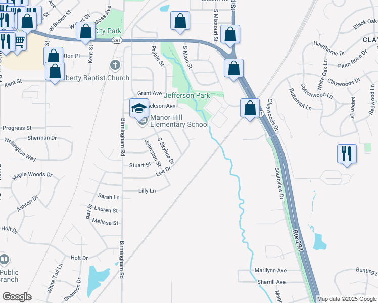 map of restaurants, bars, coffee shops, grocery stores, and more near 191 Lee Drive in Liberty