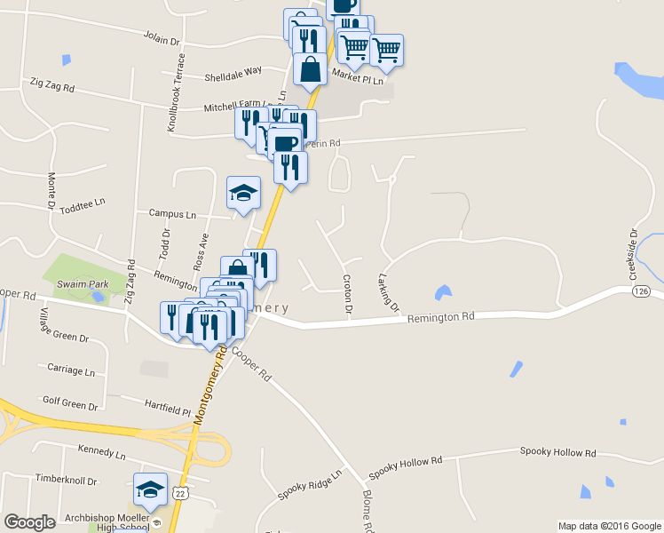 map of restaurants, bars, coffee shops, grocery stores, and more near 9515 Croton Drive in Cincinnati
