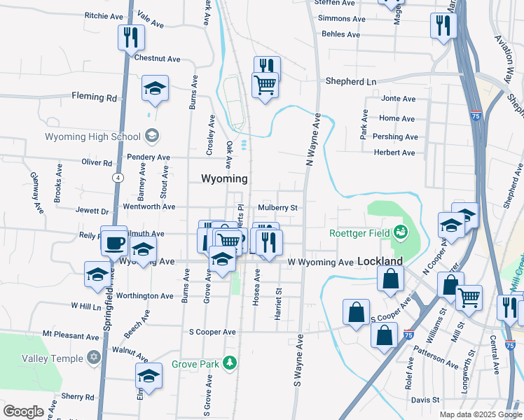 map of restaurants, bars, coffee shops, grocery stores, and more near 719 Mulberry Street in Lockland