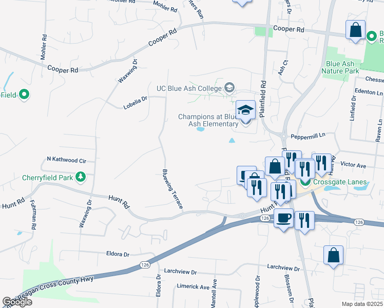 map of restaurants, bars, coffee shops, grocery stores, and more near 9263 Deercross Parkway in Blue Ash