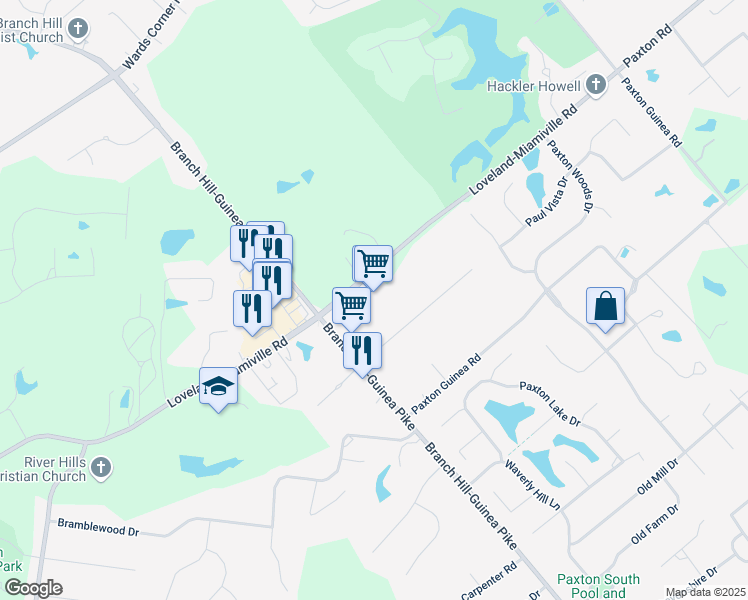 map of restaurants, bars, coffee shops, grocery stores, and more near 6388 Branch Hill-Guinea Pike in Loveland