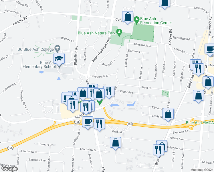 map of restaurants, bars, coffee shops, grocery stores, and more near 4328 Villa Drive in Blue Ash