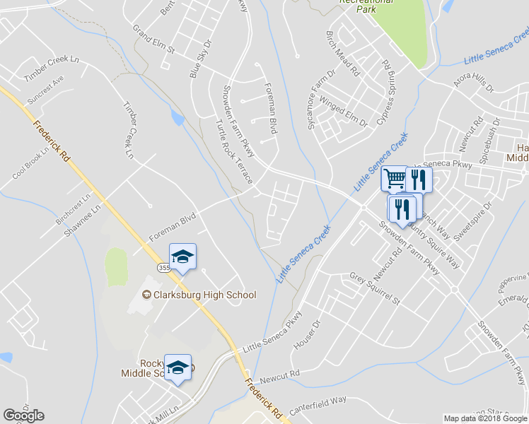 map of restaurants, bars, coffee shops, grocery stores, and more near 12608 Horseshoe Bend Circle in Clarksburg