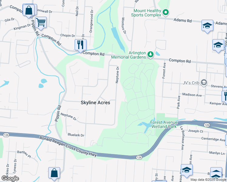 map of restaurants, bars, coffee shops, grocery stores, and more near 8829 Neptune Drive in Cincinnati