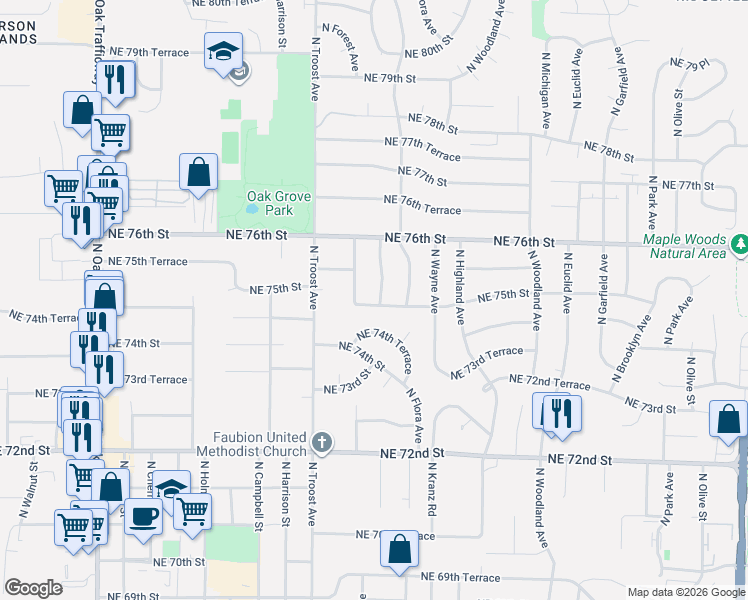 map of restaurants, bars, coffee shops, grocery stores, and more near 1209 Northeast 75th Street in Kansas City