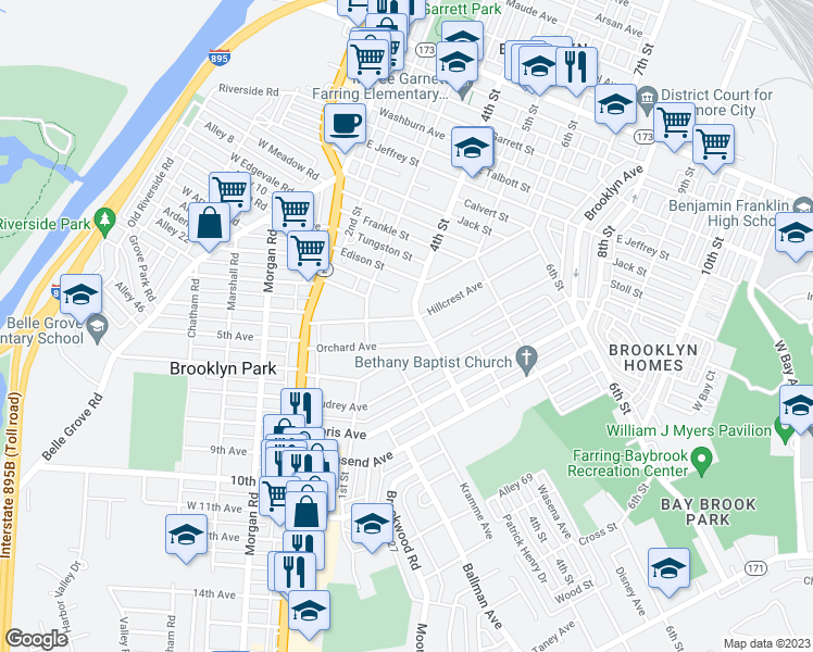 map of restaurants, bars, coffee shops, grocery stores, and more near 317 Hillcrest Avenue in Baltimore
