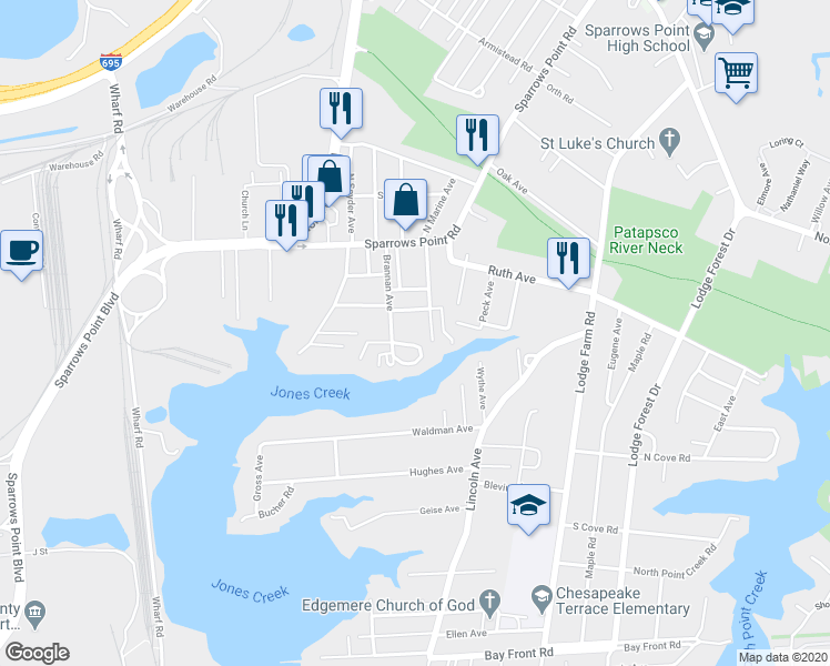 map of restaurants, bars, coffee shops, grocery stores, and more near 2512 Haddaway Road in Sparrows Point