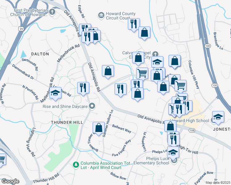 map of restaurants, bars, coffee shops, grocery stores, and more near 9062 Old Annapolis Road in Columbia