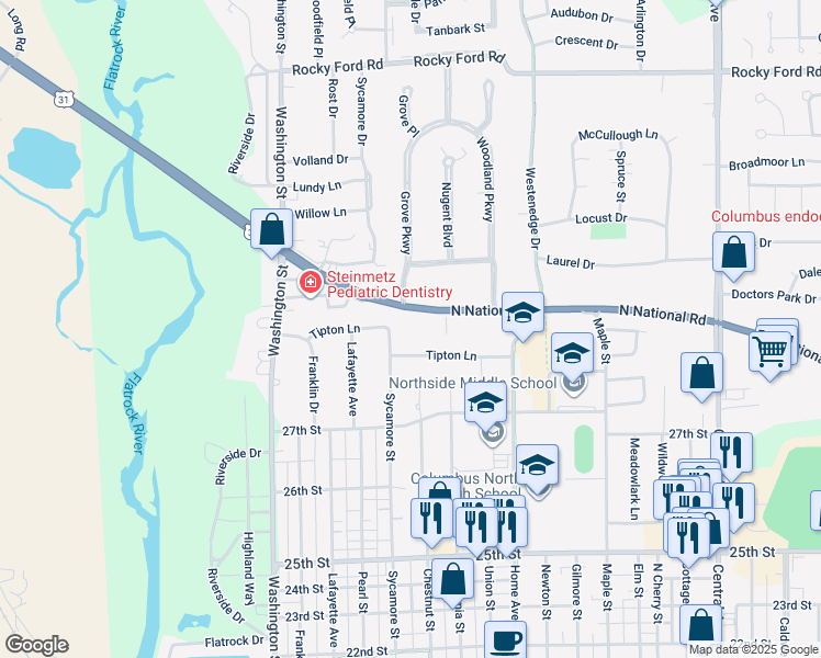 map of restaurants, bars, coffee shops, grocery stores, and more near 850 Tipton Lane in Columbus